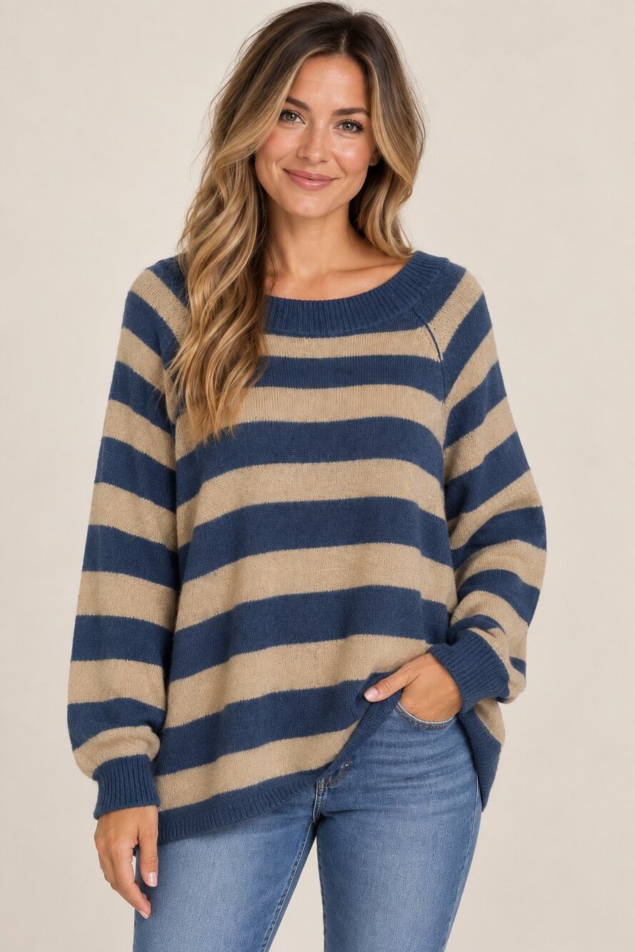 Umgee Blue & Tan Striped Oversized Knit Sweater Size Medium